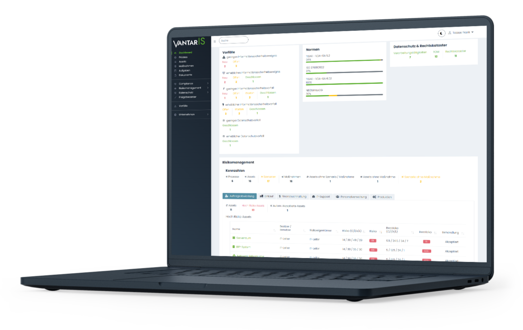 VantarIS Compliance-Plattform auf einem Notebook: Dashboard mit Vorfällen und Risikomanagement